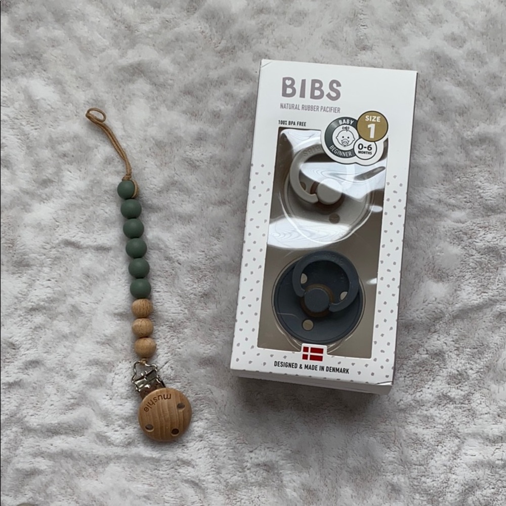 Mushie pacifier clip and Bibs Pacifiers